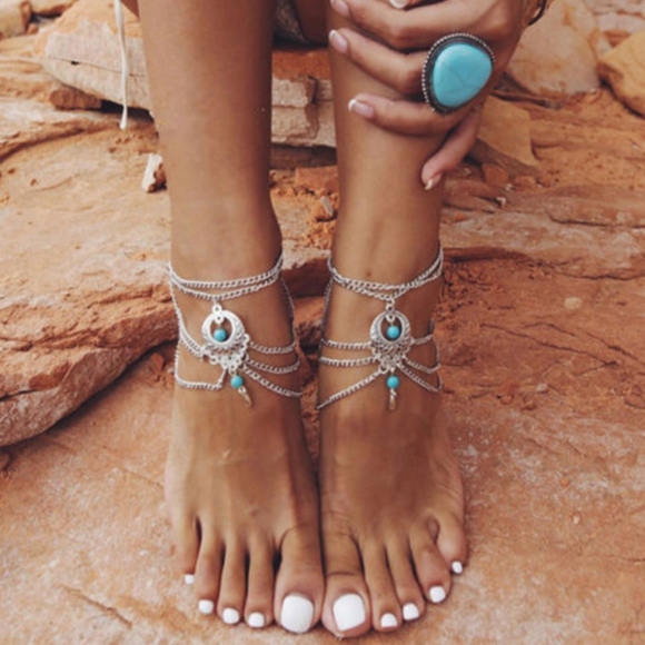 Boho Turquoise Barefoot Sandal Anklet - Picture 1 of 6